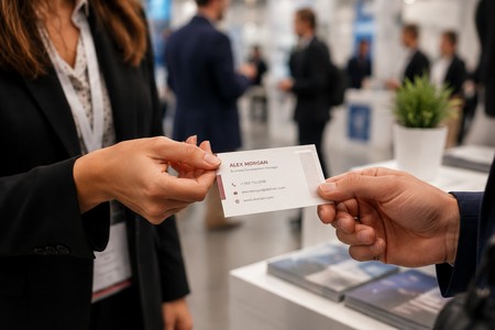 Exchange of personalised business cards at a trade show
