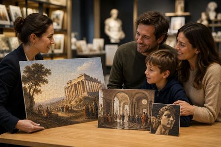 Family at a museum with personalized art and monument puzzles