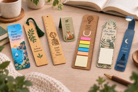 Printed bookmarks in different models and materials on a table